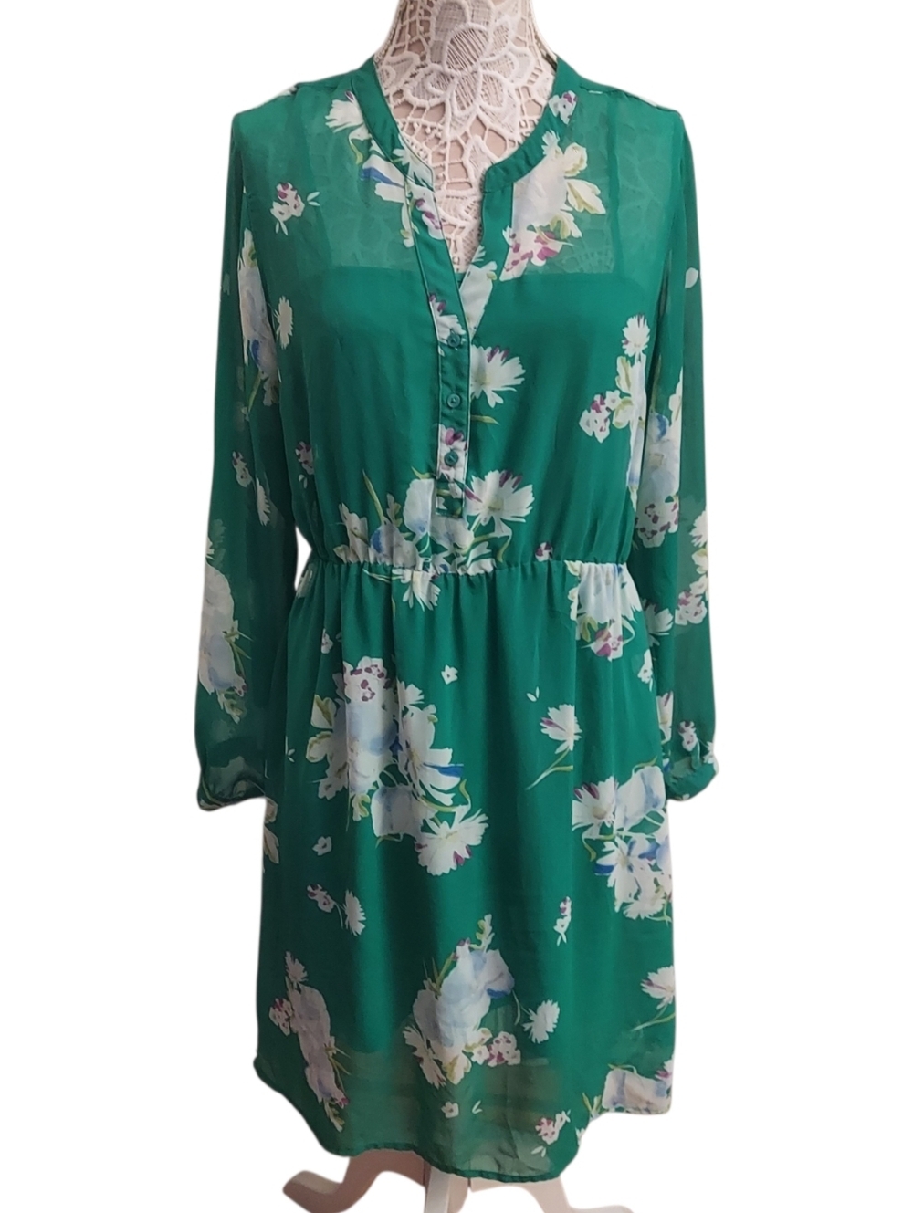 Old Navy Green Floral Chiffon Dress Size Large L Sheer Sleeve Boho Long Sleeve
